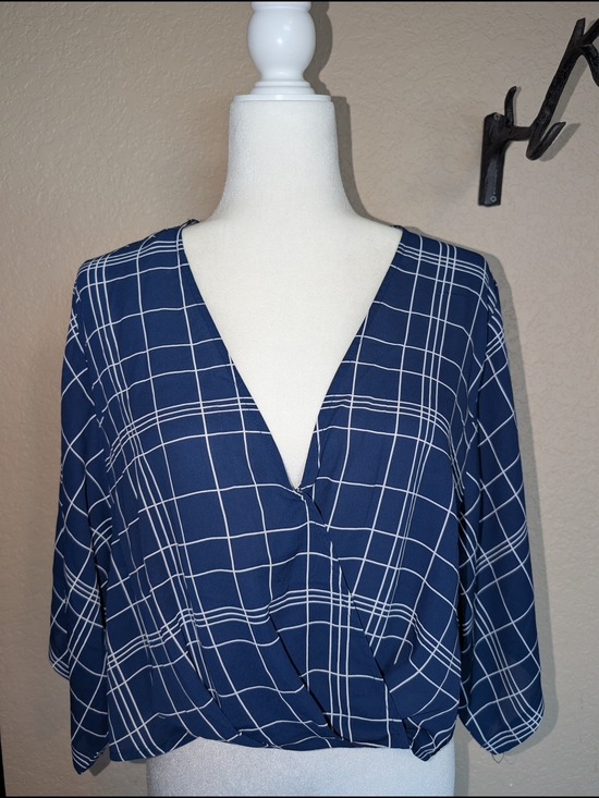 Forever 21 Tops - Forever 21 Navy Blue Windowpane Wrap Blouse